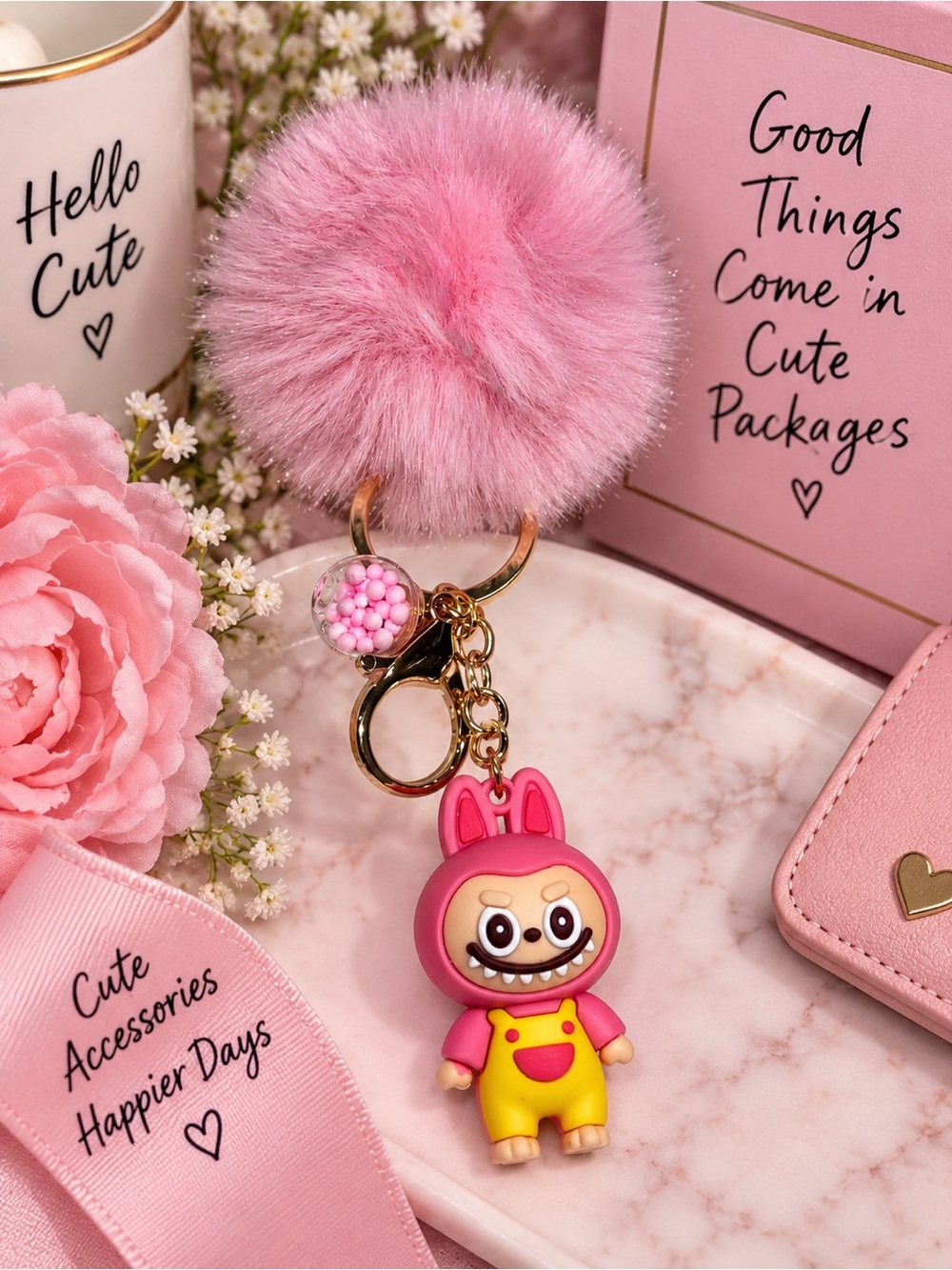: Cute Monster Character Pink Fuzzy Pom Pom Keychain Bag Charm